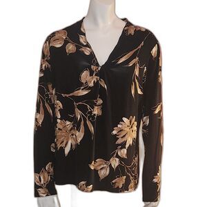 212 Collection V Neck Long Sleeve Blouse Black Tan and Gold Womens Size Large